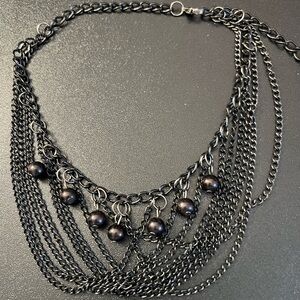 Gunmetal Black Swag Multi Chain Faux Pearls Lobster Clasp Necklace
